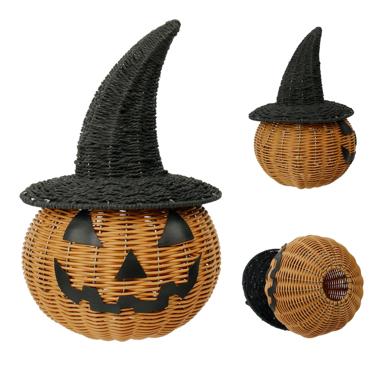 Haunt & Co Hand-Woven Pumpkin Witch Hat Halloween Decor, Natural Textured Freestanding Ornament, Weather Resistant Multipurpose Holiday Accessory, Seasonal Display for Front Door Porch Tabletop Entryway