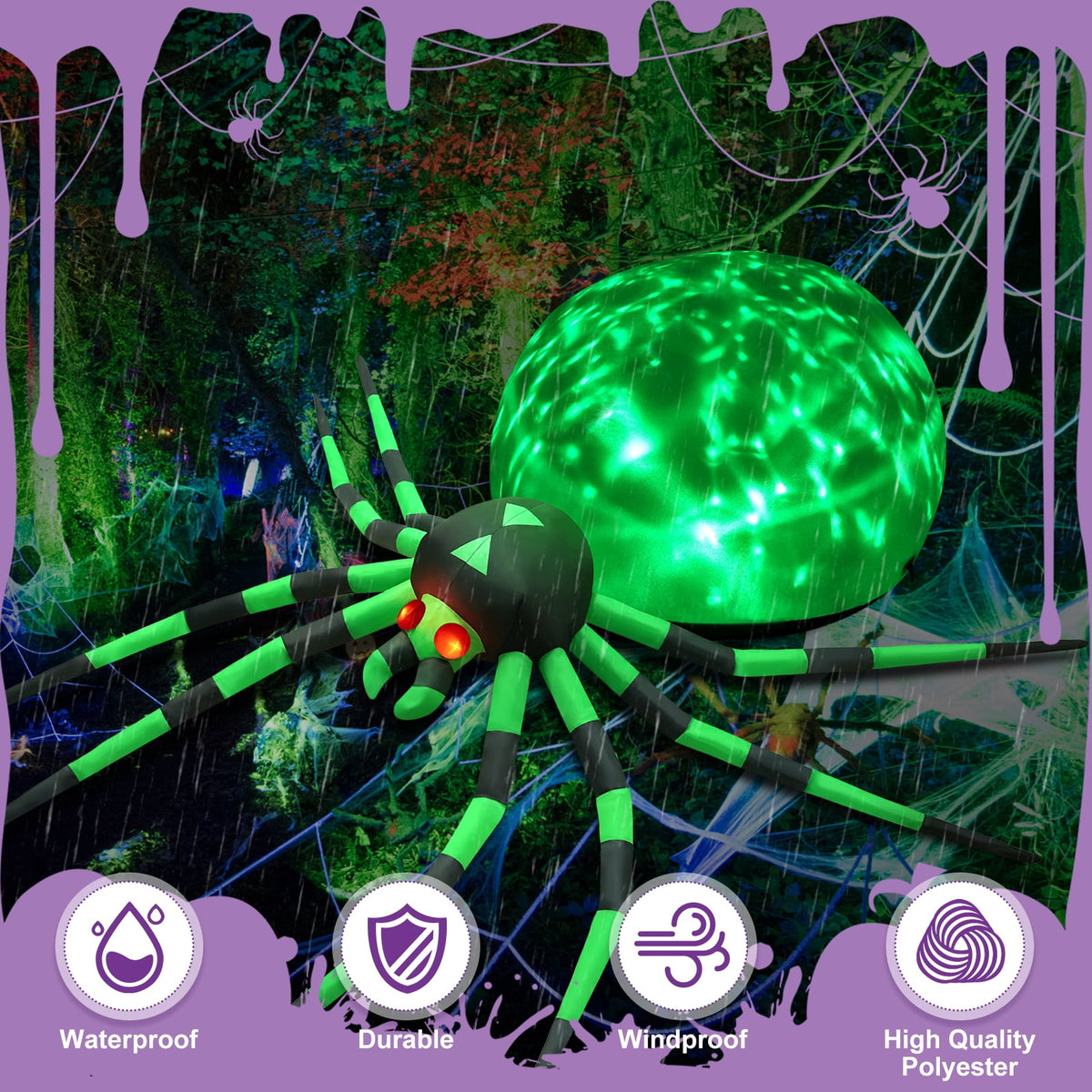 Haunt & Co 8FT Halloween Inflatables Outdoor Decorations Giant Spider Decorations with LED Lights and Air Pump Blow up Inflatable Green