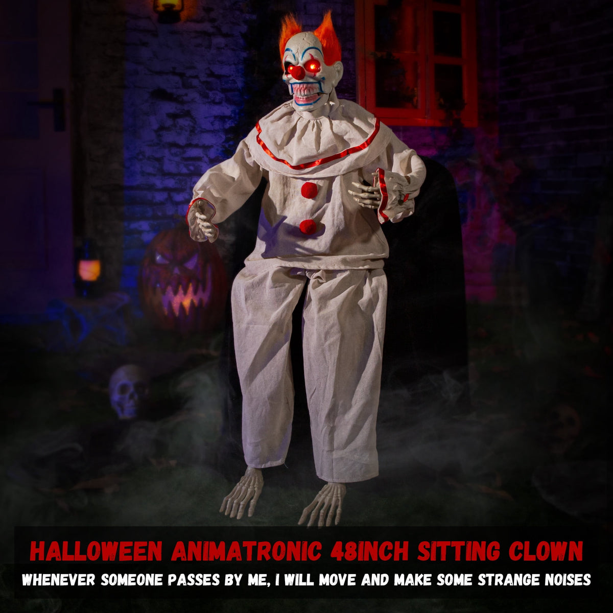 Haunt & Co Halloween Animatronic Sitting Clown Animated Decorations - Sound Activated with Creepy Sound, Light Up Eyes, Scary Move, Haunted House Holiday Spooky Decor Horror Prop