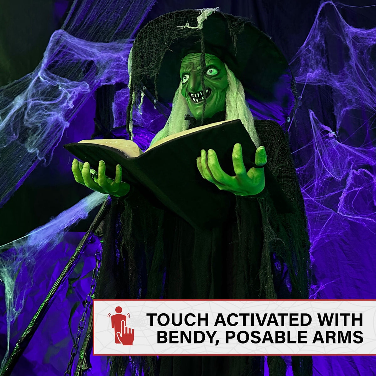 Haunt & Co 5.5 ft Poseable Witch with Spell Book, Lights and Sound, Indoor/Covered Outdoor