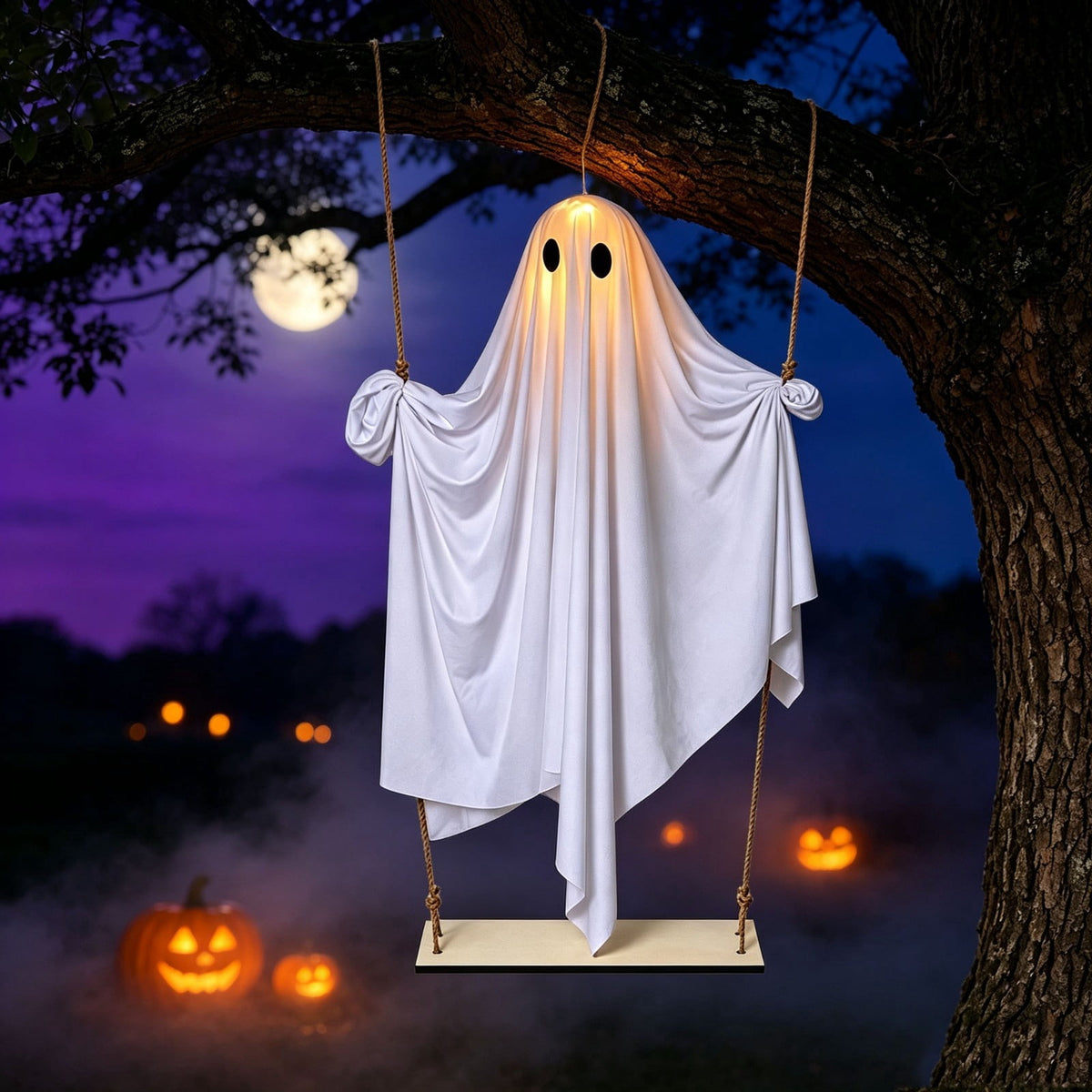 Haunt & Co Halloween Hanging Ghost Decor With Lights, Lighted White Ghost Ornament for Porch Tree Doorway Party Display, Spooky Fabric Hanging Decoration for Indoor Outdoor Holiday Scenes
