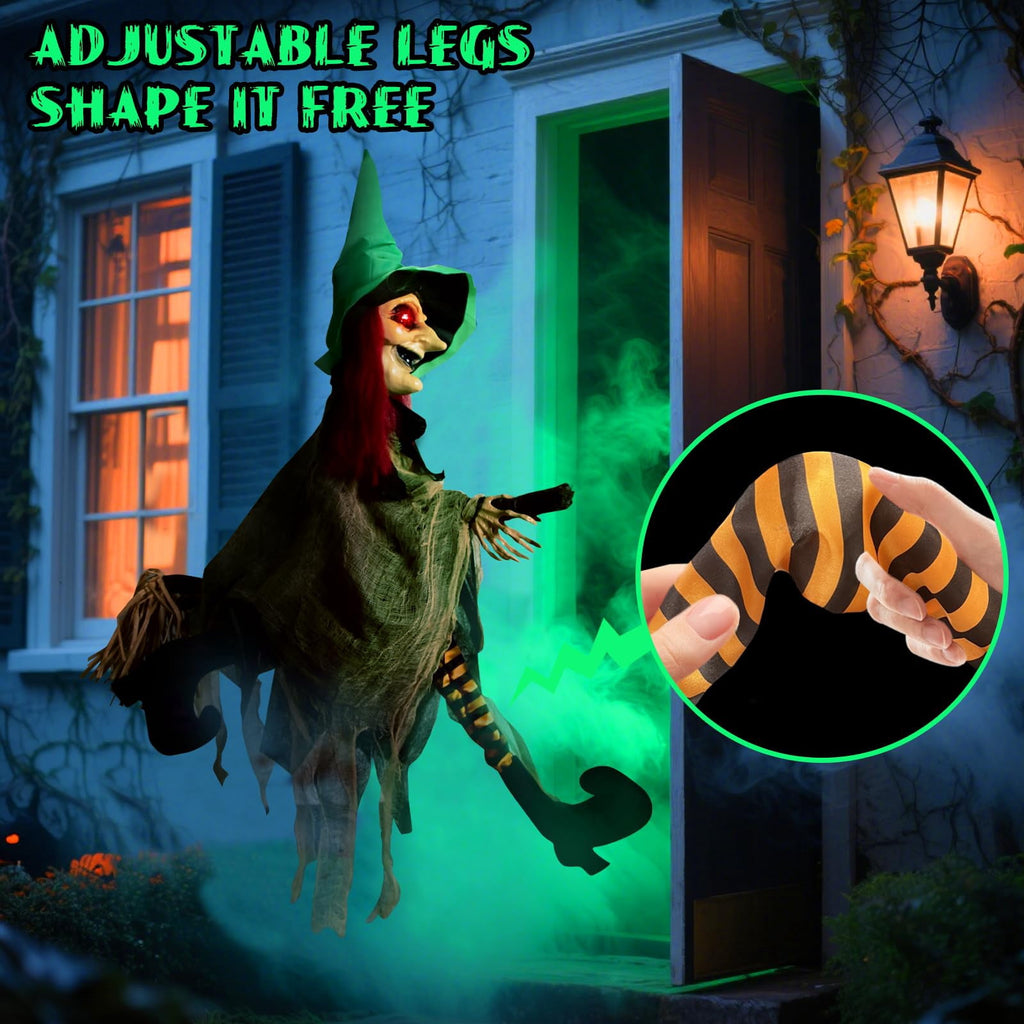 Haunt & Co Halloween LED Light-Up Flying Witch on Broomstick, Realistic Sound & Motion, Scary Animated Decoration with Kicking Legs