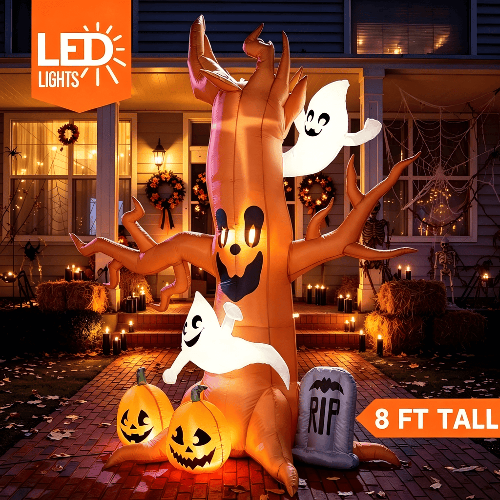 Haunt & Co 8 FT Halloween Inflatables Spooky Tree with Ghost,Pumpkin & Tombstone Tree Blow Up Decor with Built-in LED Lights