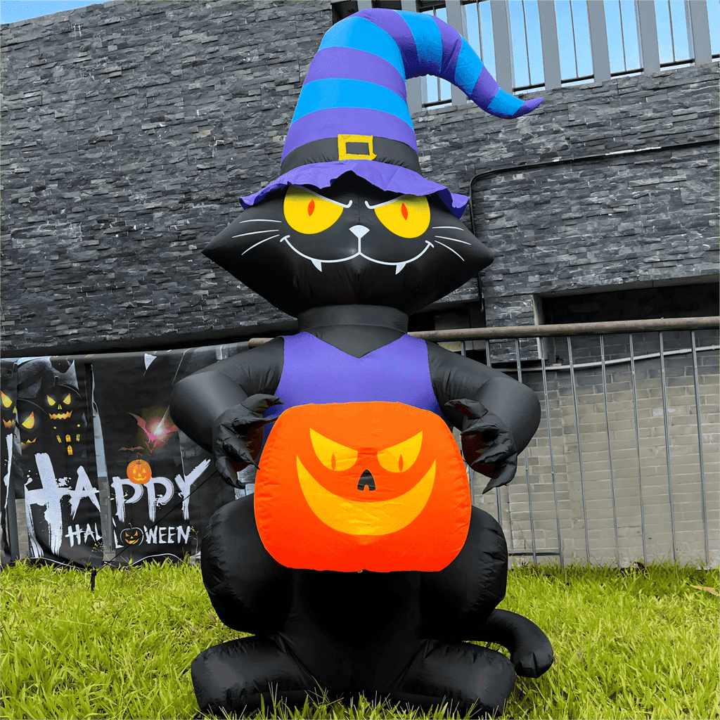 Haunt & Co Toiyjofe 6ft Halloween Inflatable Black Cat with Jack-o'-Lantern & LED Lights, Trick-or-Treat Yard Decoration with Witch Hat