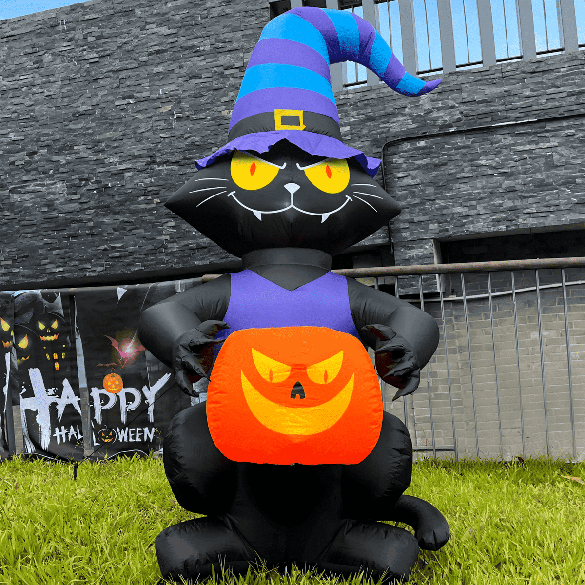 Haunt & Co Toiyjofe 6ft Halloween Inflatable Black Cat with Jack-o'-Lantern & LED Lights, Trick-or-Treat Yard Decoration with Witch Hat