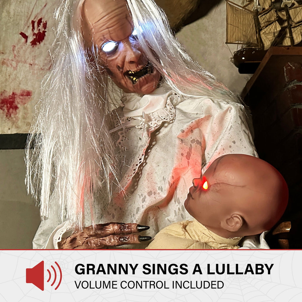 Haunt & Co 2.9 ft Animatronic Gravely Granny by Tekky with Motion-Activated Sounds