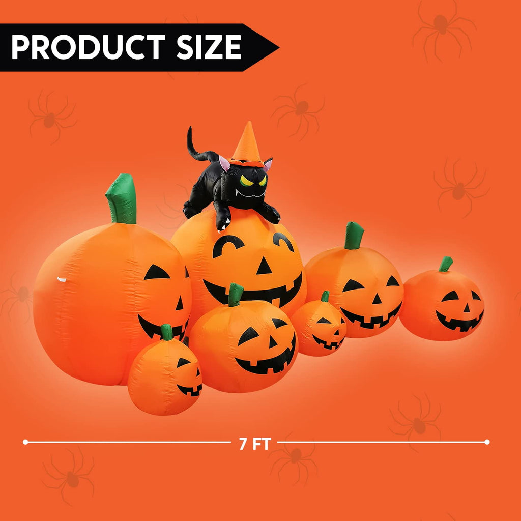 Haunt & Co 7 ft Halloween Inflatable Long Pumpkin with Witch's Cat Decorations Inflatables with Build-in LEDs, Outdoor Blow Up Yard Decorations