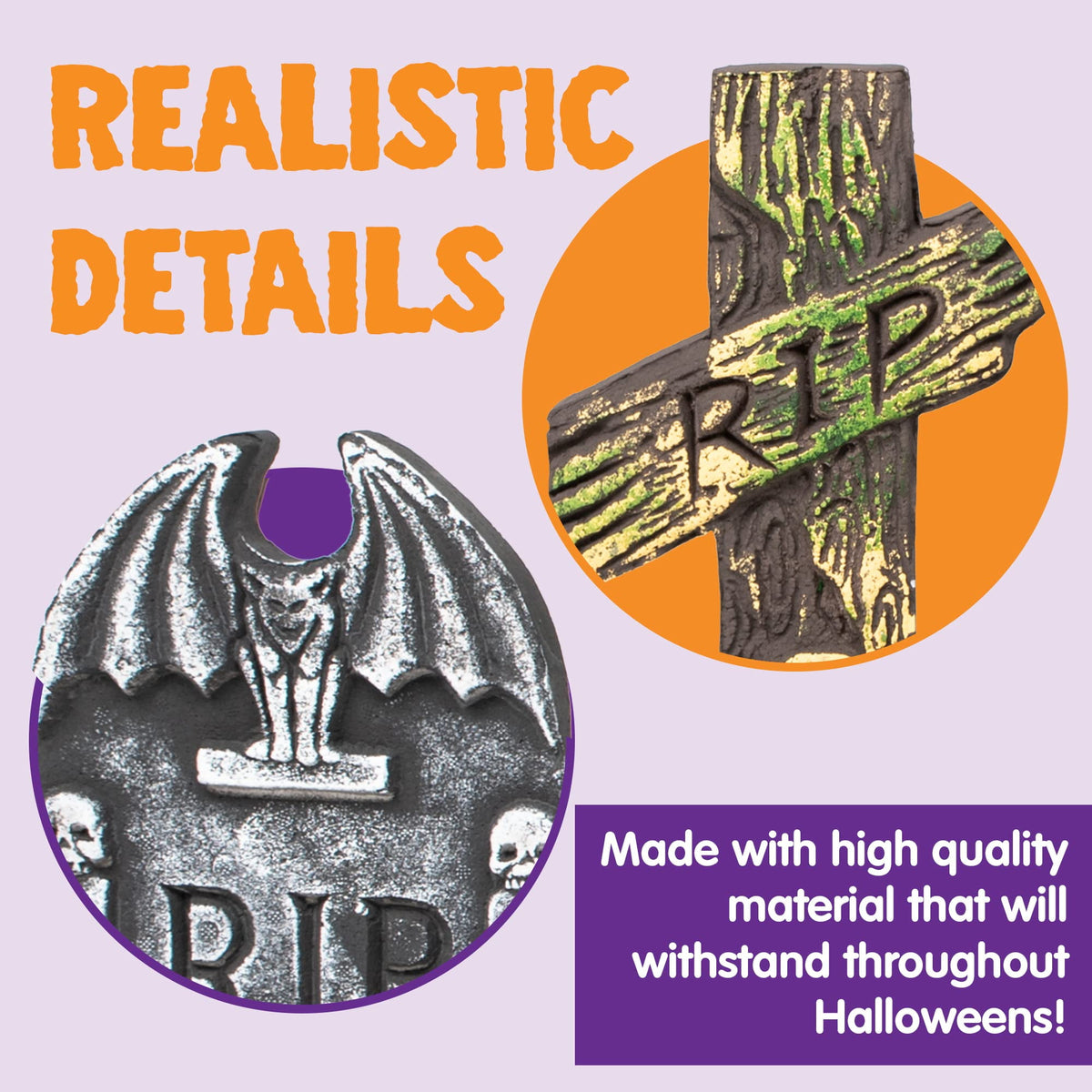 Haunt & Co 17" Halloween 5 Pack Tombstone Decorations, Foam RIP Graveyard Signs Cemetery Headstones Scary Outdoor Indoor with 12 Metal Stakes for Easy Set Up, Waterproof