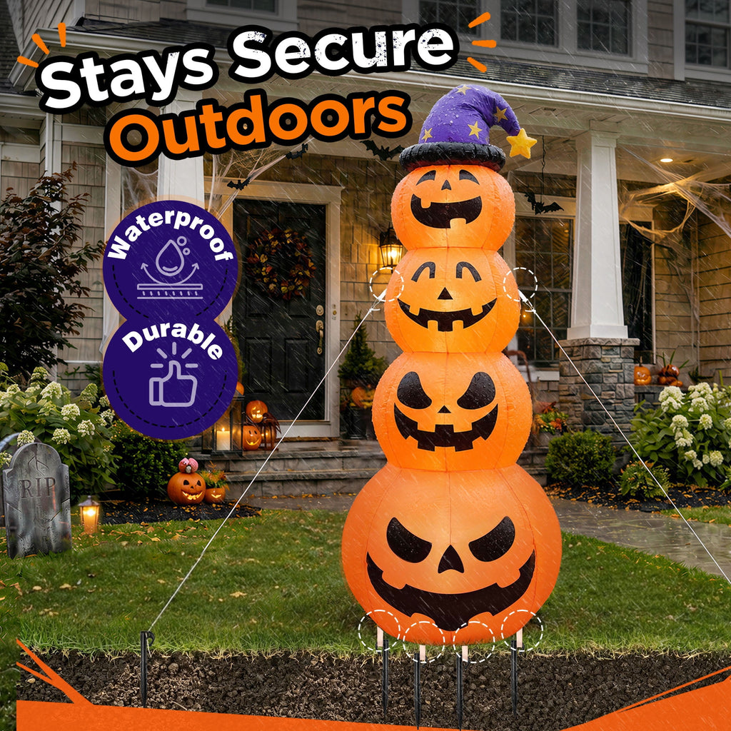 Haunt & Co 8ft Halloween Inflatable, Stacked Pumpkins with Witch Hat and Built-in LED Lights, Outdoor