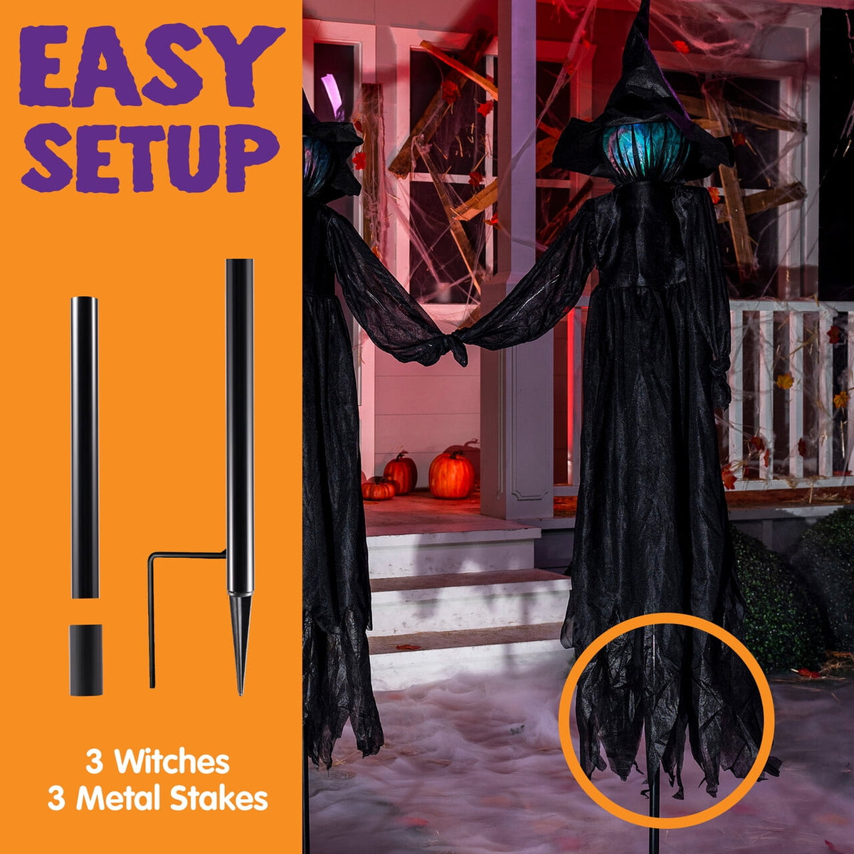 Haunt & Co 3 Pack Witches Outdoor, 51" Sound Activated Light Up Flying Witch Stakes with Color Changing Face & Creepy Sound, Life Size Halloween Props