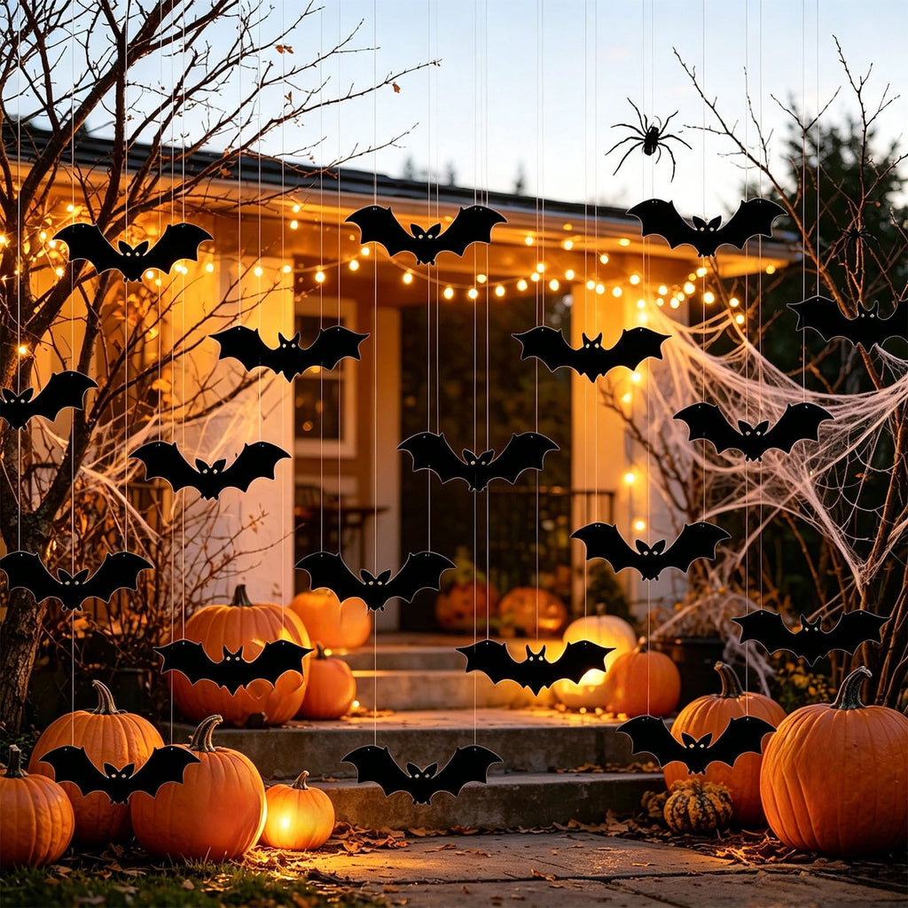 Haunt & Co Halloween Light Up Bats Decor Kit, Red Eye Bat Silhouette Hanging Ornaments With Mounting Accessories And Creepy Glow Effect, Halloween Party Decorations for Home Wall Door Window And Event Displays