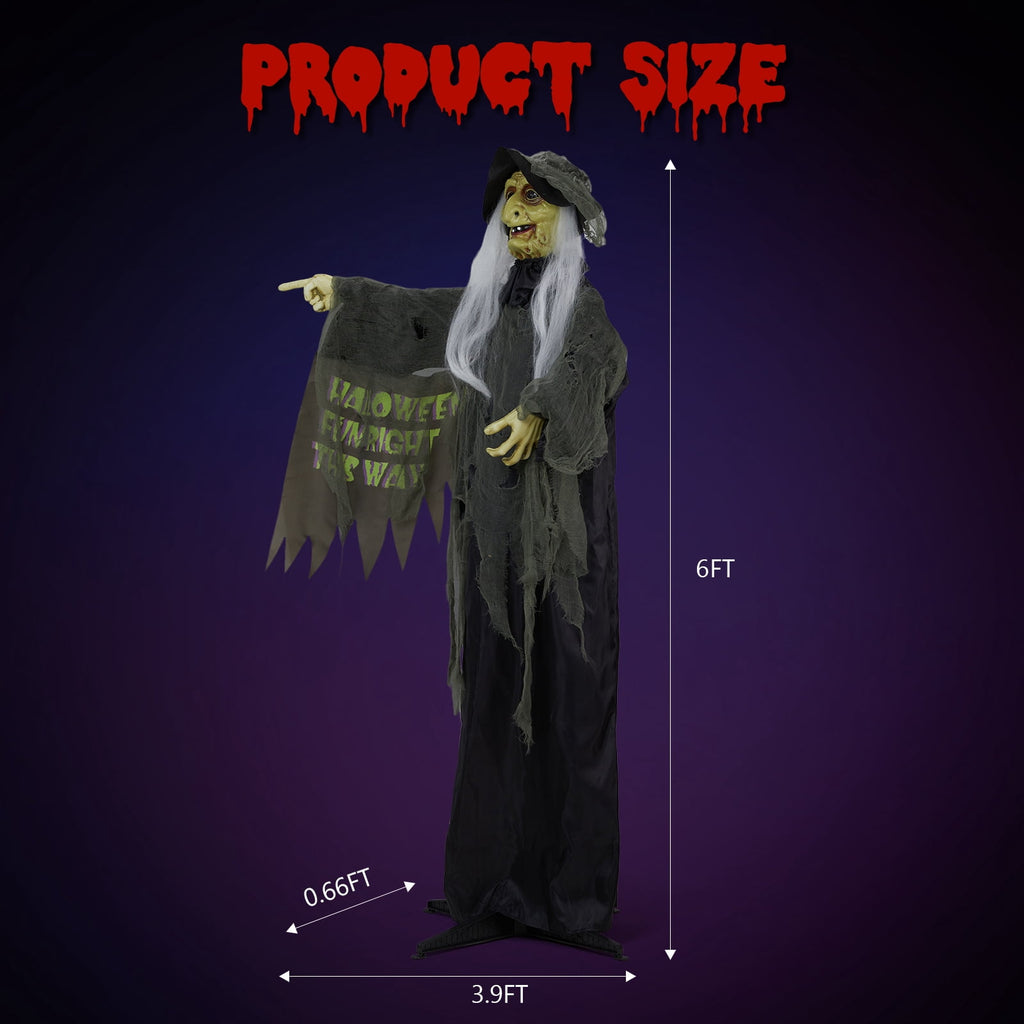 Haunt & Co 6FT Halloween Animatronic Witch Standing Outdoor w/ Red Eyes,Scary Sounds