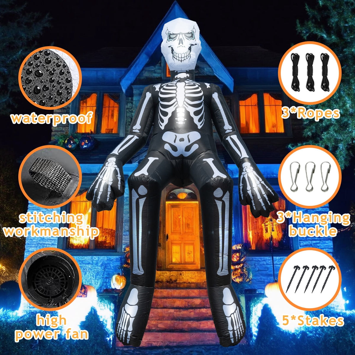 Haunt & Co Halloween Inflatables Outdoor Decorations, 10.5FT Sitting Skeleton Halloween Outdoor Inflatables Decorations Skeleton Blow Up Built in Lights Air Pump