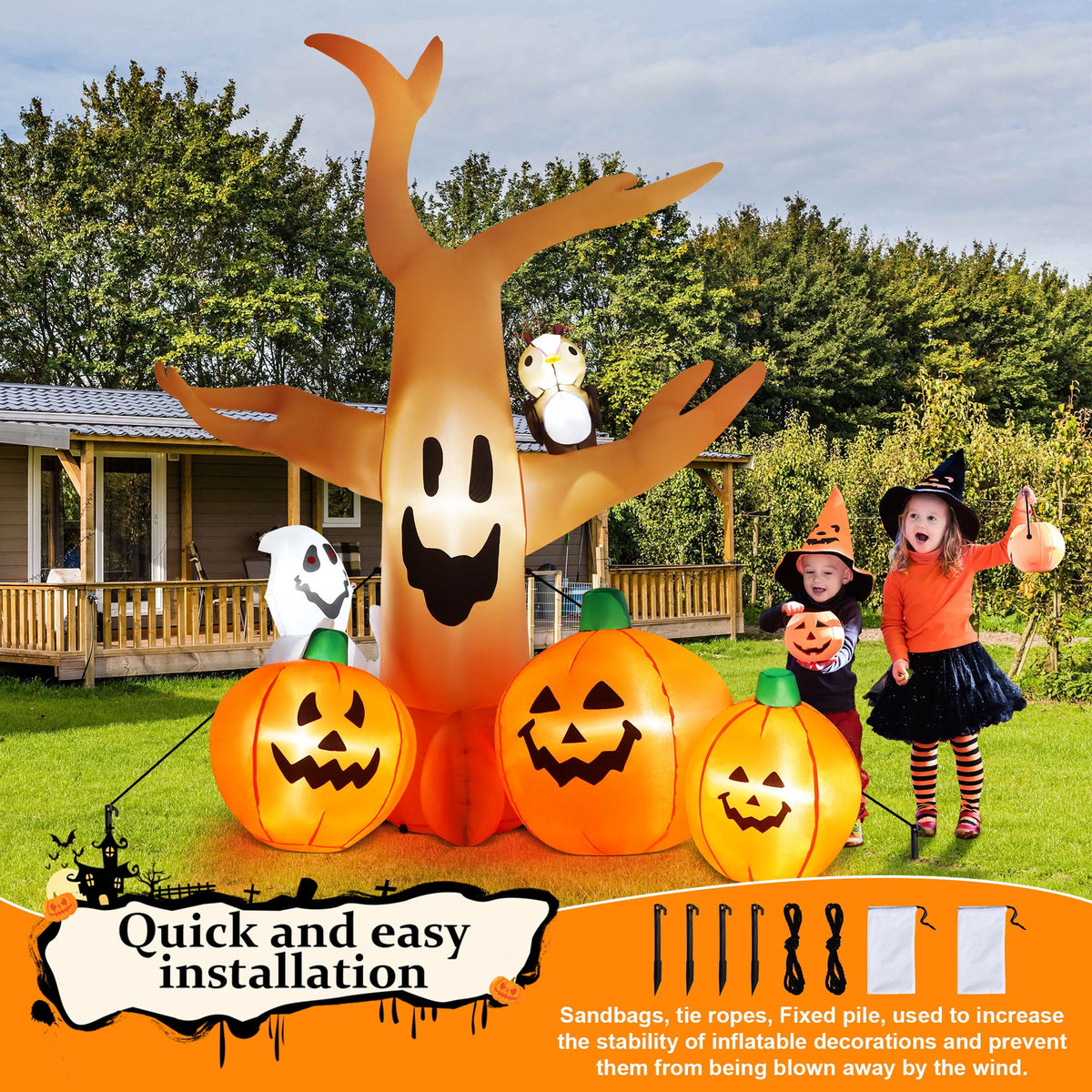 Haunt & Co 8FT Halloween Inflatables Dead Tree,Outdoor with Built-in LED Lights,Halloween Blow Up Yard Decorations with Pumpkin,Ghost,and Owl