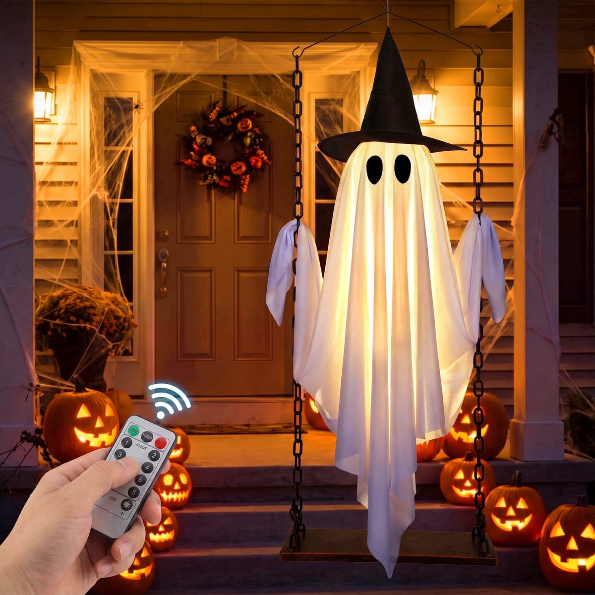 Haunt & Co Outdoor, Hanging Swing Ghosts with Lights Halloween Spooky Cute Ghosts Decor for Outside Home Front Porch Yard Lawn Tree