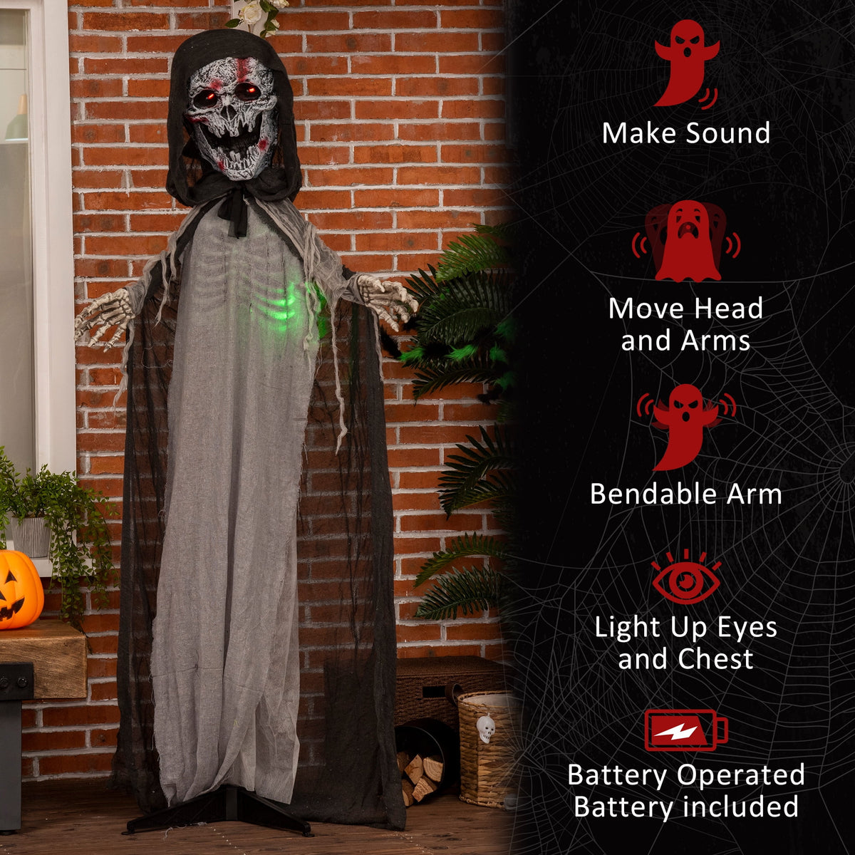 Haunt & Co Outsunny 74" Life Size Outdoor Skeleton Witch, Animated Prop Animatronic Decor with Sound and Motion Activated, Light Up Eyes and Chest, Howling and Chain Sound