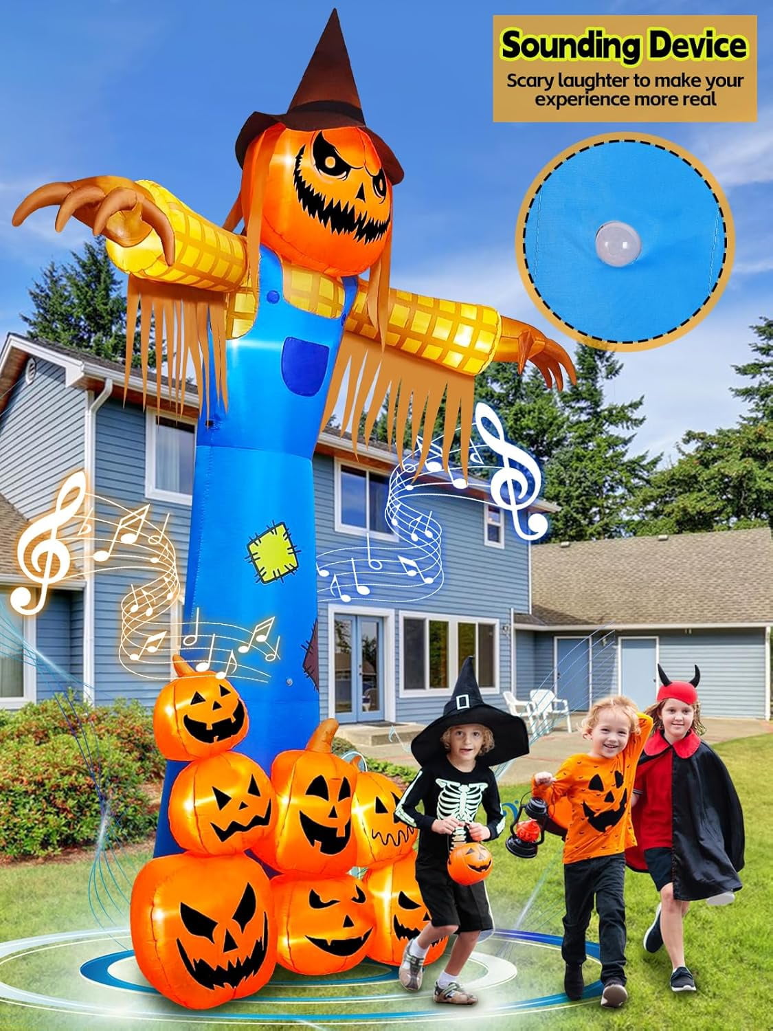 Haunt & Co 12.5 FT Halloween Inflatables with Music, Giant Pumpkin Scarecrow Inflatable with LED Light with Scary Sound