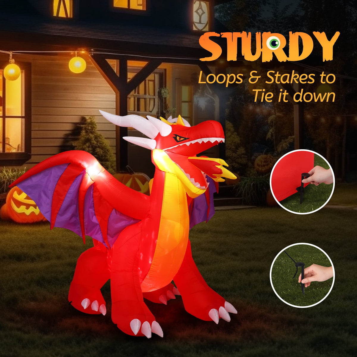 Haunt & Co 6FT Halloween Inflatables Fire Dragon Outdoor Built-in LED Lights