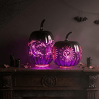 Haunt & Co 2pcs Fall Halloween Pumpkin-Purple Glass Pumpkin Ornament with Enchanted Moon & Star Pattern and Built - in Fairy Lights for Decor