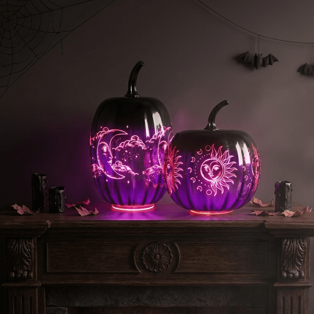 Haunt & Co 2pcs Fall Halloween Pumpkin-Purple Glass Pumpkin Ornament with Enchanted Moon & Star Pattern and Built - in Fairy Lights for Decor
