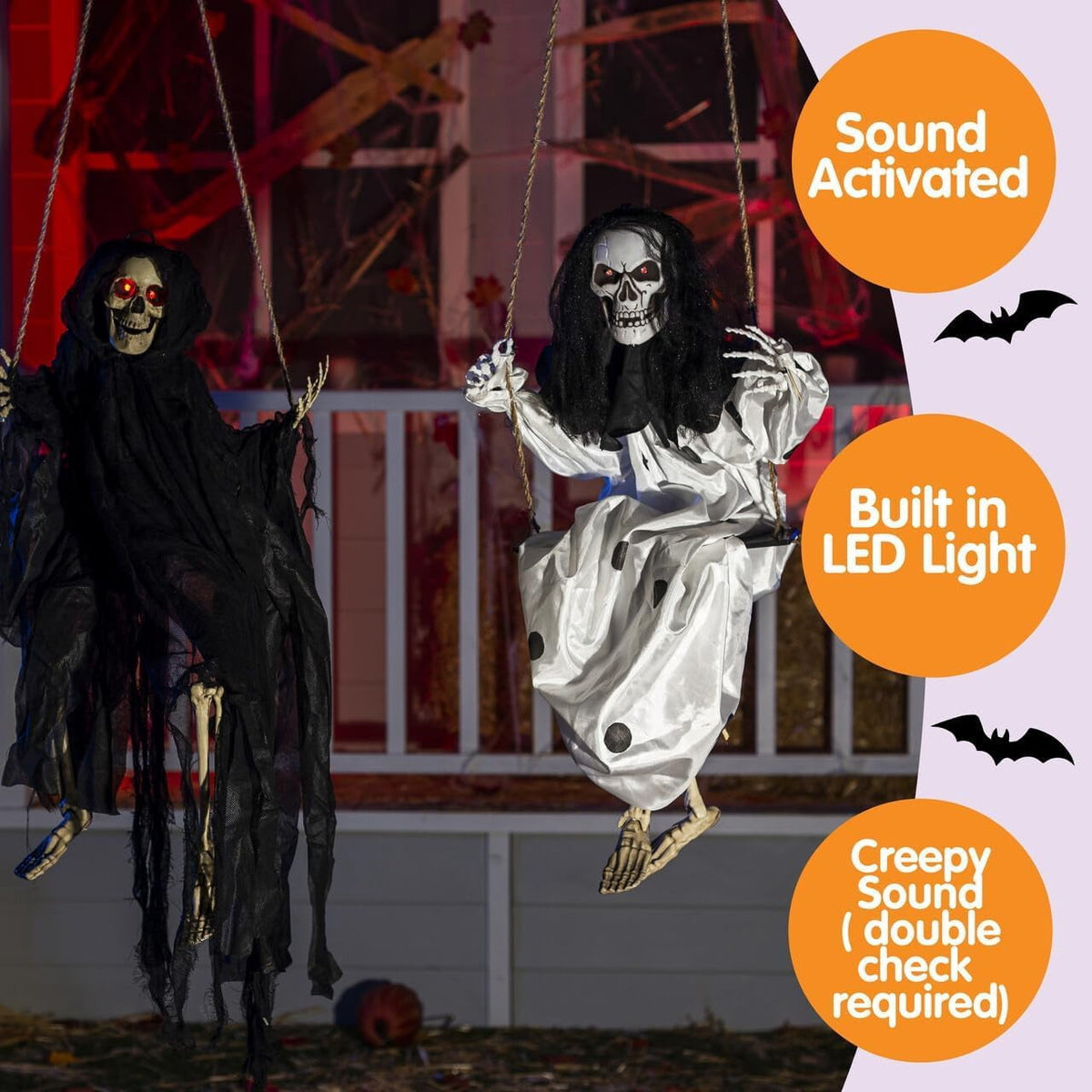 Haunt & Co 2 Packs Outdoor Hanging Swinging Skeleton Ghosts,3 ft Light Up Creepy Grim Reaper Decorations for Halloween Hanging Decorations Indoor Outdoor Yard