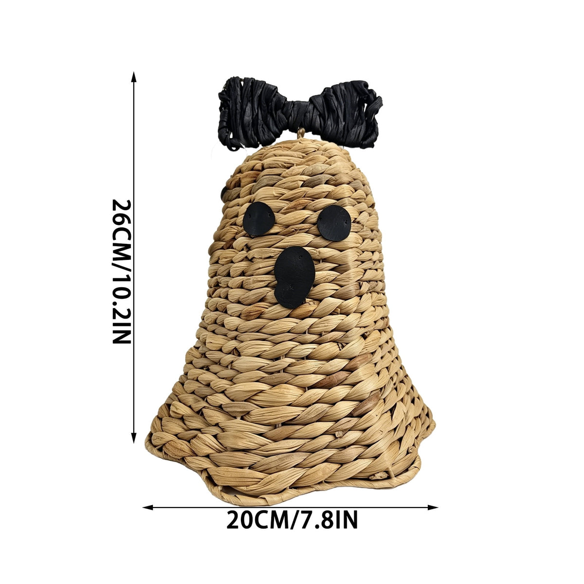 Haunt & Co Halloween Woven Ghost Figurine Water Hyacinth Straw Ornament Black Bow Tabletop Decor Cute Spooky Holiday Decoration For Mantel Shelf Home Cottage Fall Gift