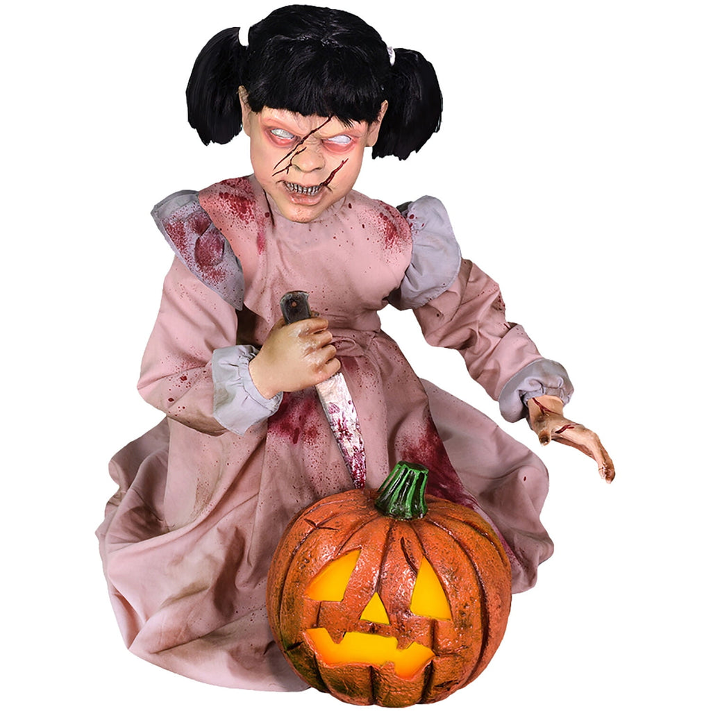 Haunt & Co Lunging Pumpkin Carver Zombie Girl with Jack O'Lantern by Tekky, 3.2 ft Premium Talking Halloween Animatronic