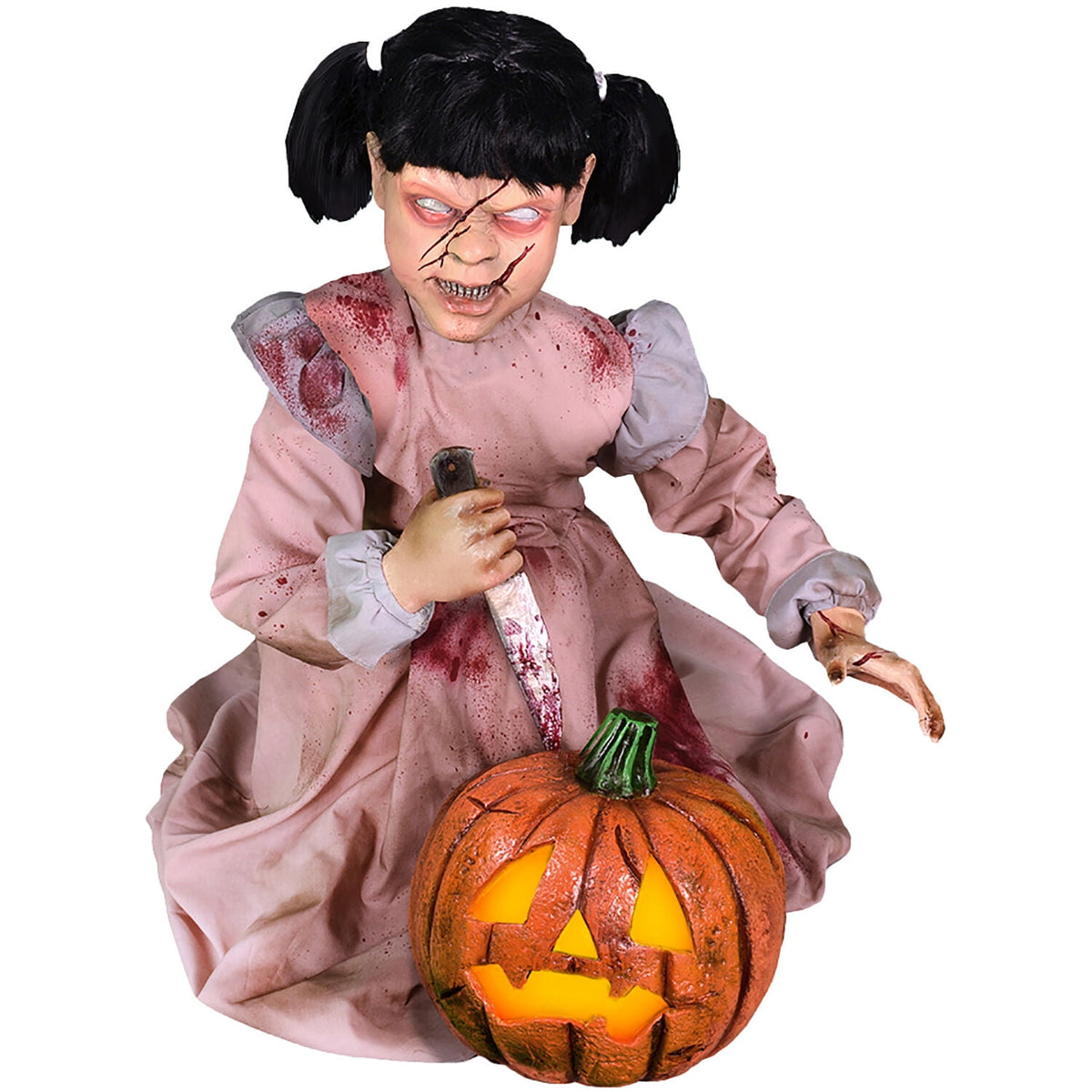Haunt & Co Lunging Pumpkin Carver Zombie Girl with Jack O'Lantern by Tekky, 3.2 ft Premium Talking Halloween Animatronic