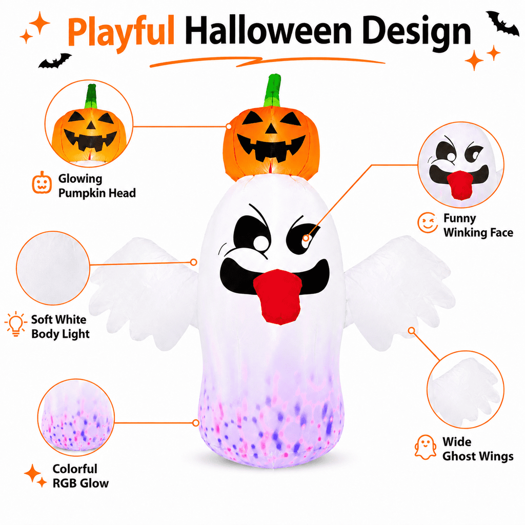 Haunt & Co 6FT Halloween Inflatable Ghost with Pumpkin Head, Light-Up Blow Up Outdoor Yard Decoration with White and RGB LED Lights