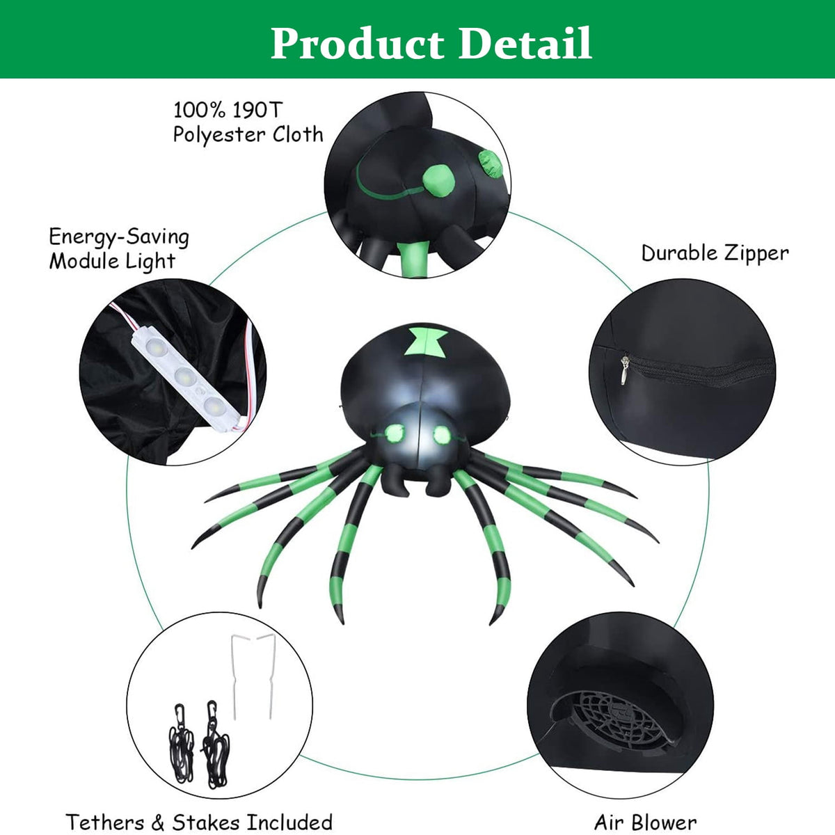 Haunt & Co 7.2FT Halloween Inflatable Spider Outdoor Decoration, Blow Up Spider with LED Light Decor, Inflatable Holiday Yard Lawn Garden Decorations