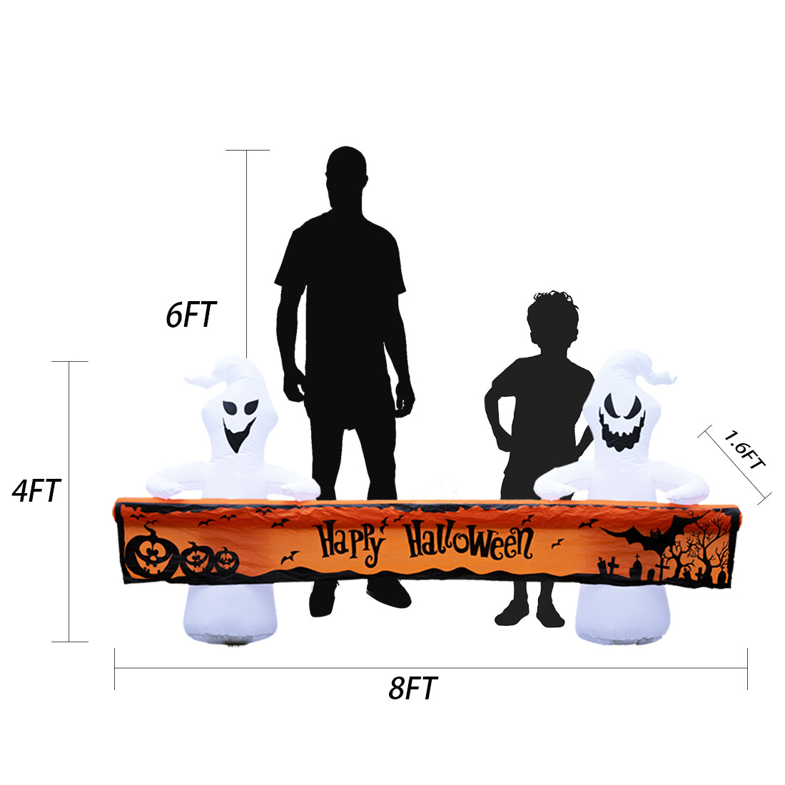 Haunt & Co Large Hallowee Inflatable-8FT White Ghosts with Orange Banner Print - Happy Halloween - LED Lights Outdoor Blow Up Decoration