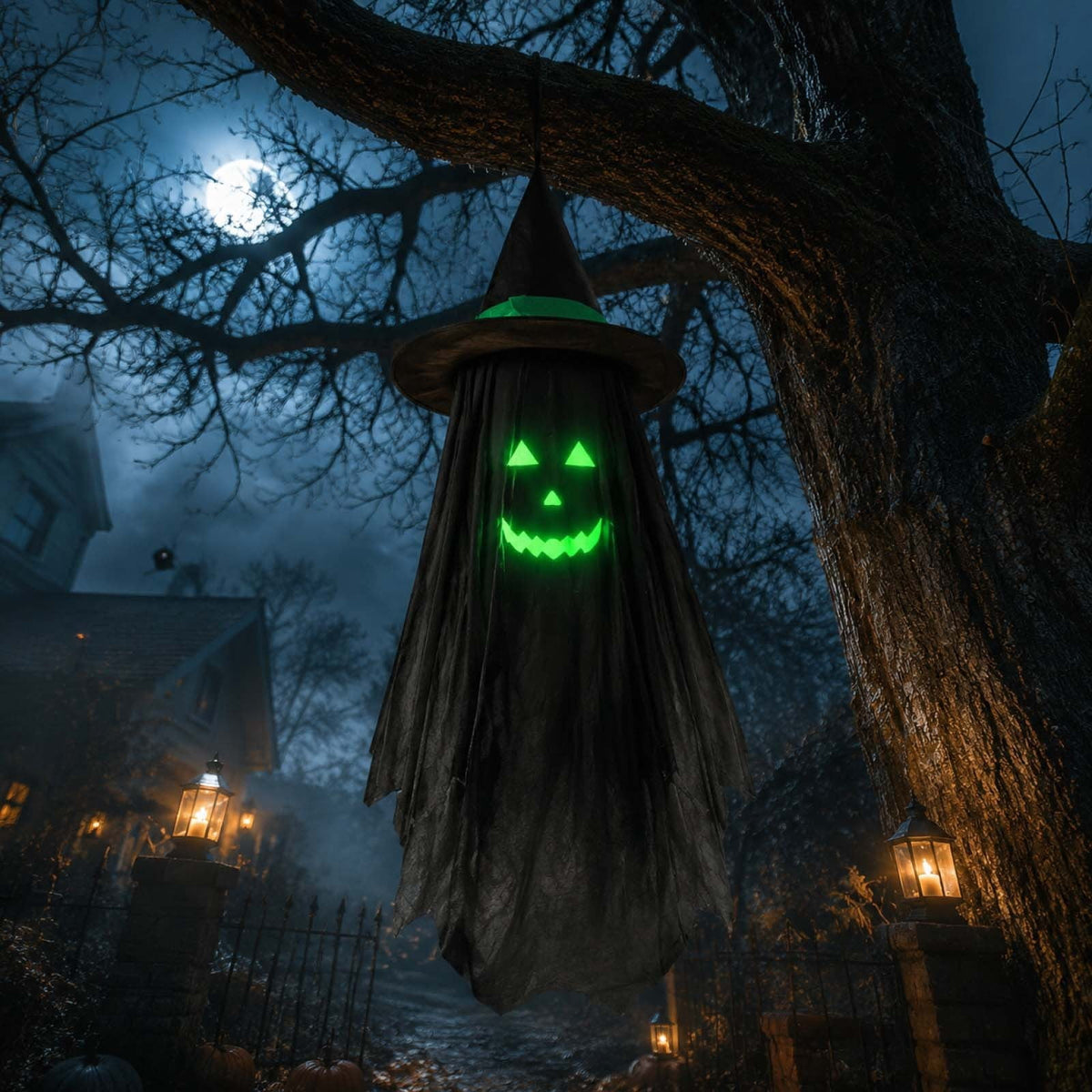 Haunt & Co Halloween Ghost Glow in Dark Outdoor Hanging Ornament 11.8 Inch - Spooky Luminous Pendant with Expressive Face for Yard Porch Tree Party Decor