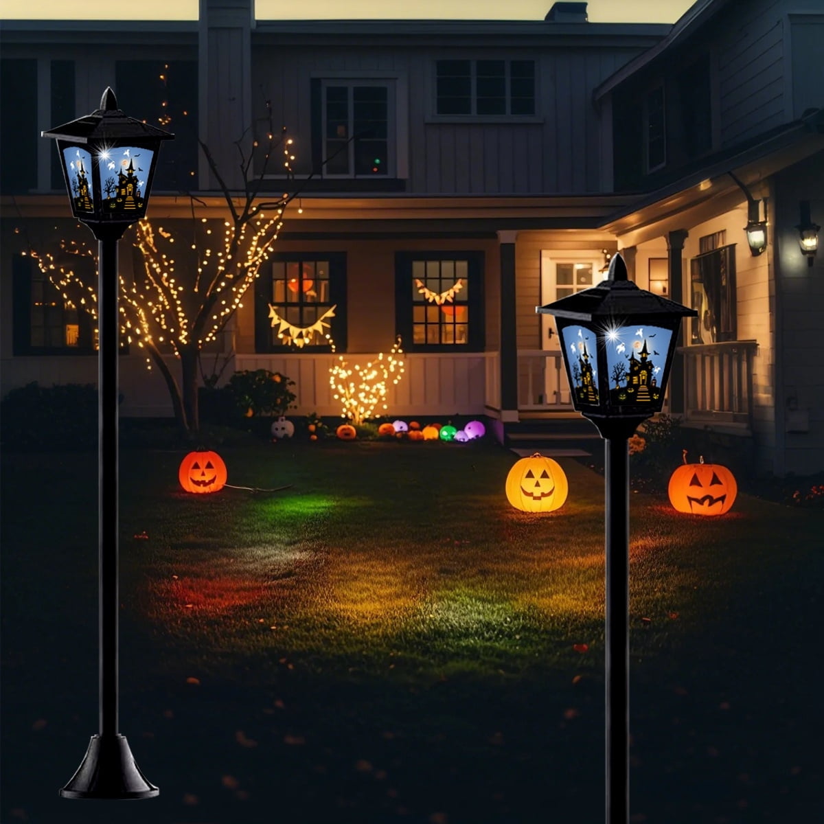 Haunt & Co 2-Pack Haunted House Solar Post Lights - Spooky with Eerie Glow, 40" Rust-Proof Stake, Auto On/Off