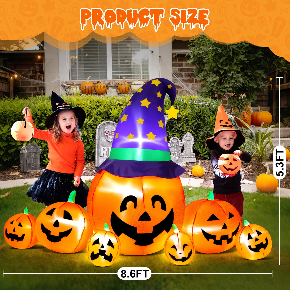 Haunt & Co 8.7FT Halloween Inflatable Pumpkin Set, 7-Pumpkin Outdoor Decoration with Witch Hats and LED Lights