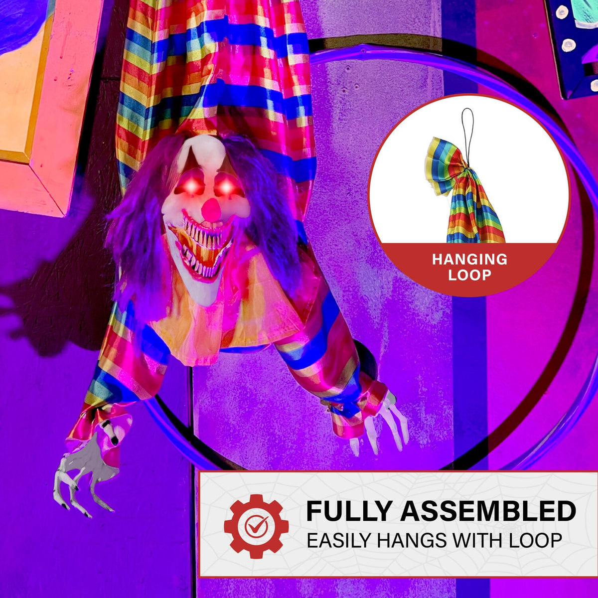 Haunt & Co 47 in Animatronic Hanging Upside Down Clown with Lights and Sound