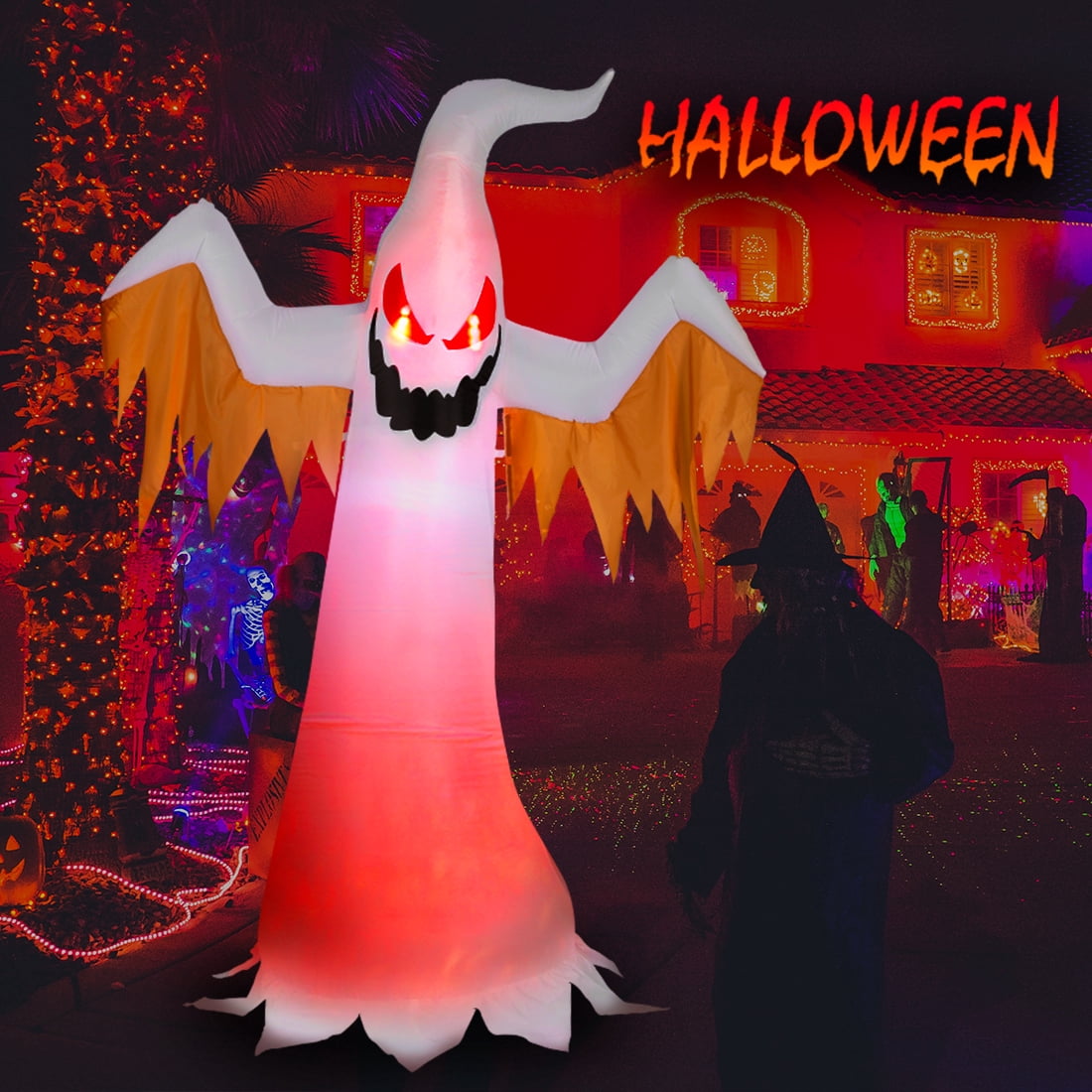 Haunt & Co VIVOHOME 8ft Height Halloween Inflatable White Ghost with Red Rotating Led Lights Blow up Outdoor Lawn Yard Decoration