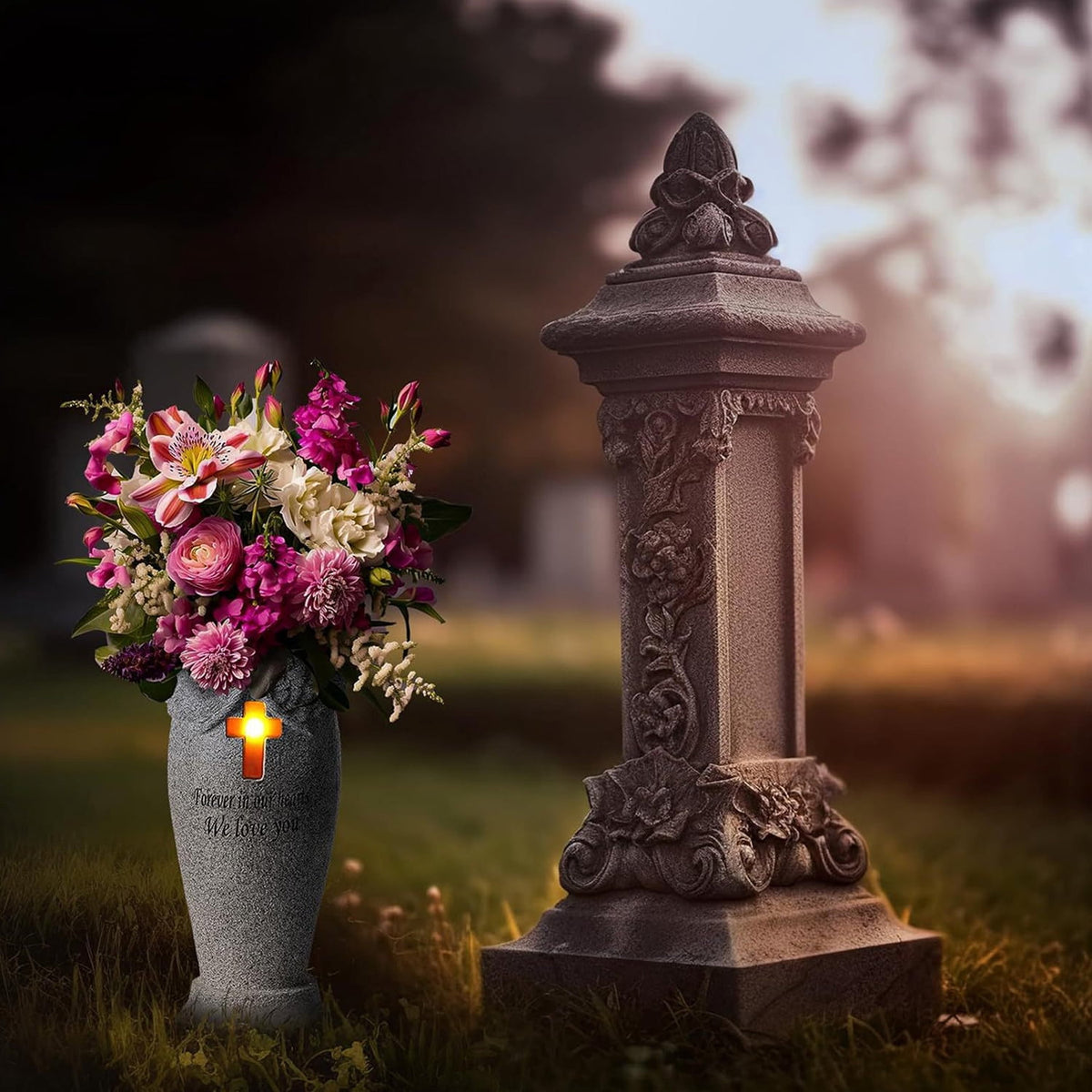Haunt & Co Fridja Cemetery Grave Flower Vase with Cross Solar Light Cemetery Decorations for Grave, Angel Vases with Spikes Grave Markers Decor for Cemetery for Humans or Pet, Garden Memorial Gifts for Loved One