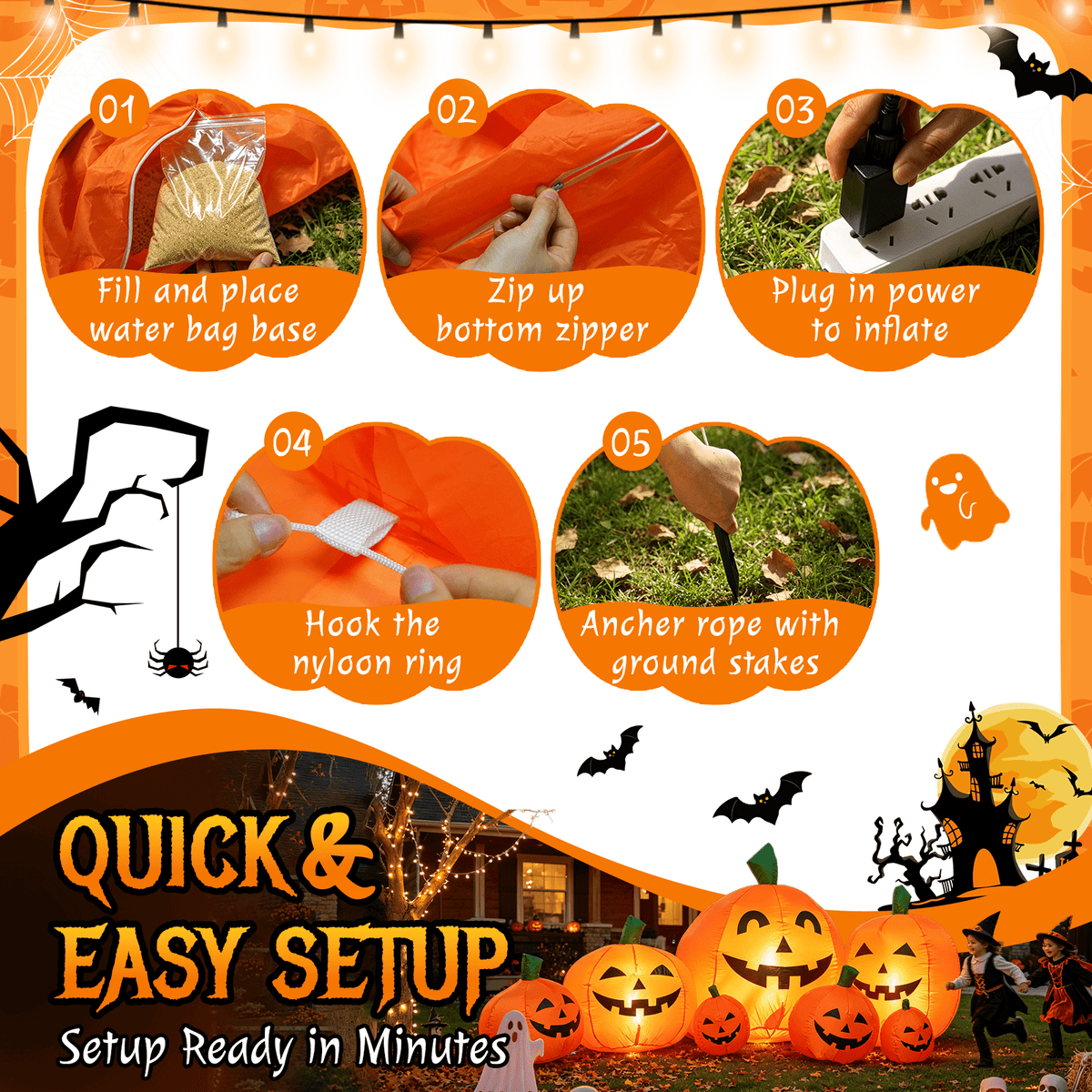 Haunt & Co 7.5 FT Long Halloween Inflatables Pumpkin Family Lighted,7 Pumpkins Blow Up Yard Decoration, Built-in LEDs, Stakes & Tethers Included