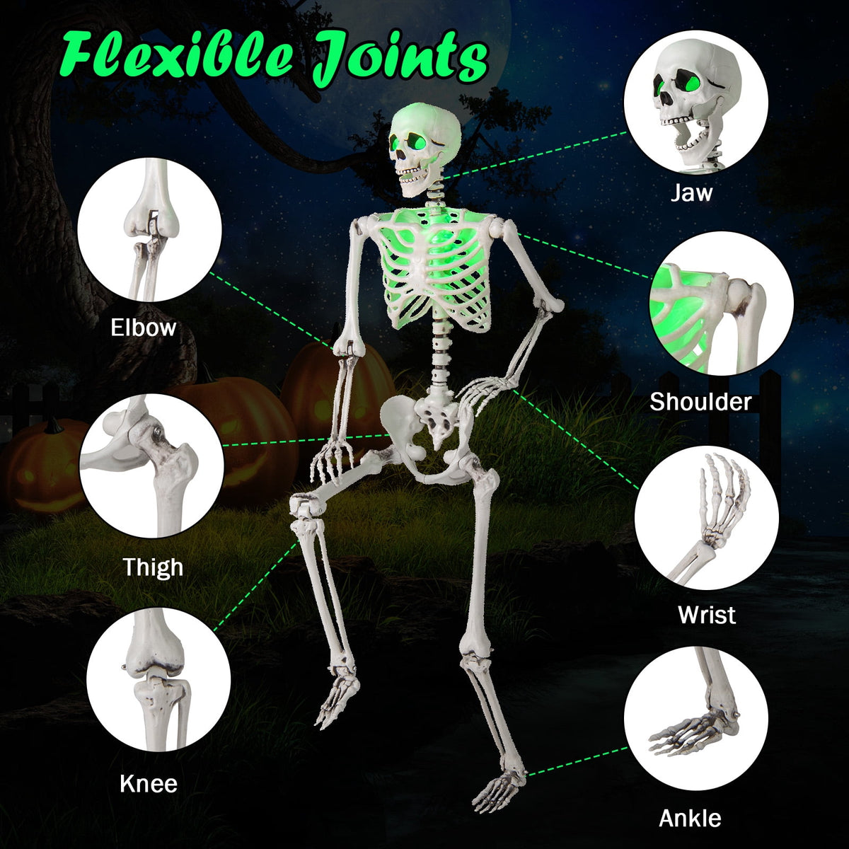 Haunt & Co Costway 5.5 FT Poseable Halloween Skeleton Life-Size Decoration with Built-in Lights Green