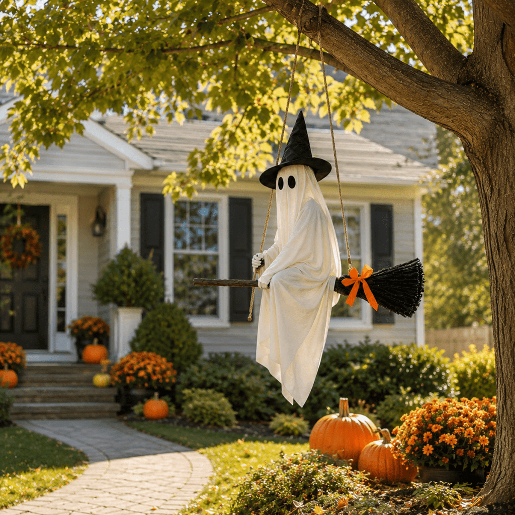 Haunt & Co LIGHTED HANGING GHOST WITCH Floating White Ghost With Black Witch Hat Rustic Broom And Orange Bow Warm Glow