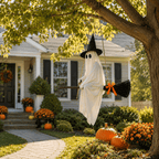 Haunt & Co LIGHTED HANGING GHOST WITCH Floating White Ghost With Black Witch Hat Rustic Broom And Orange Bow Warm Glow