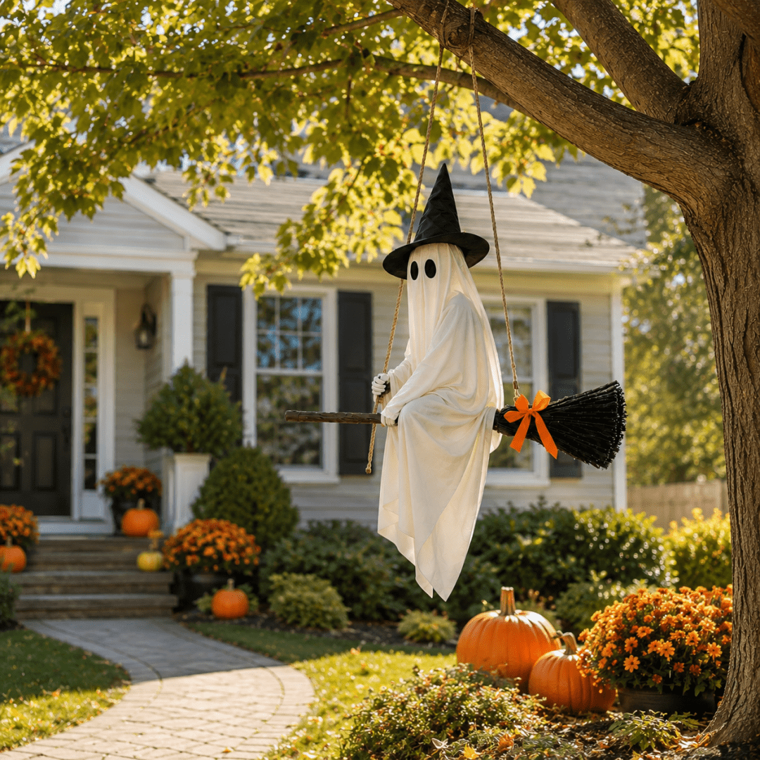 Haunt & Co LIGHTED HANGING GHOST WITCH Floating White Ghost With Black Witch Hat Rustic Broom And Orange Bow Warm Glow