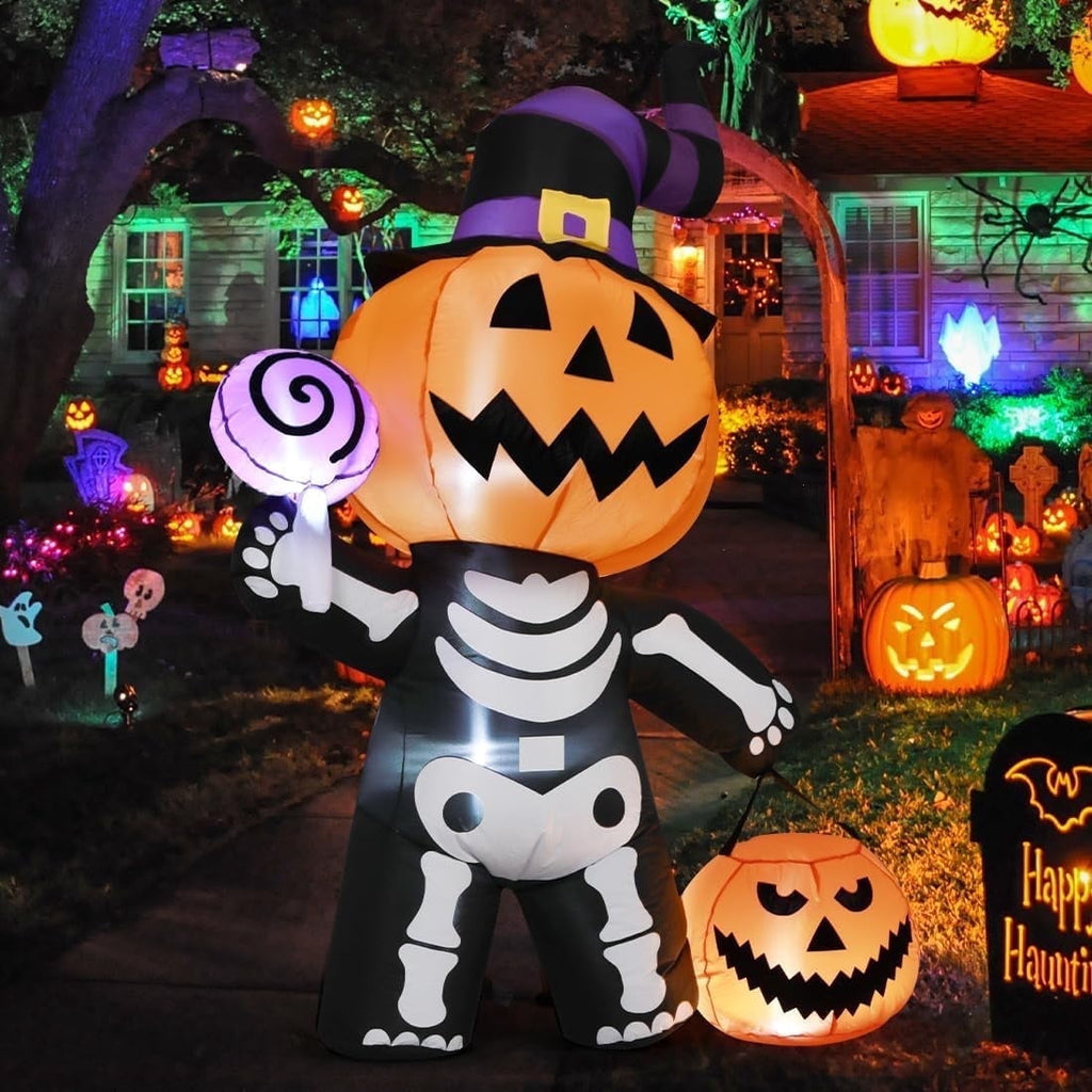 Haunt & Co Halloween Inflatables 6 FT Halloween Pumpkin Inflatable with Skull Body, Scary Blow Up Halloween Pumpkin Decoration with LED Lights, Outdoor Clearance for Holiday Party