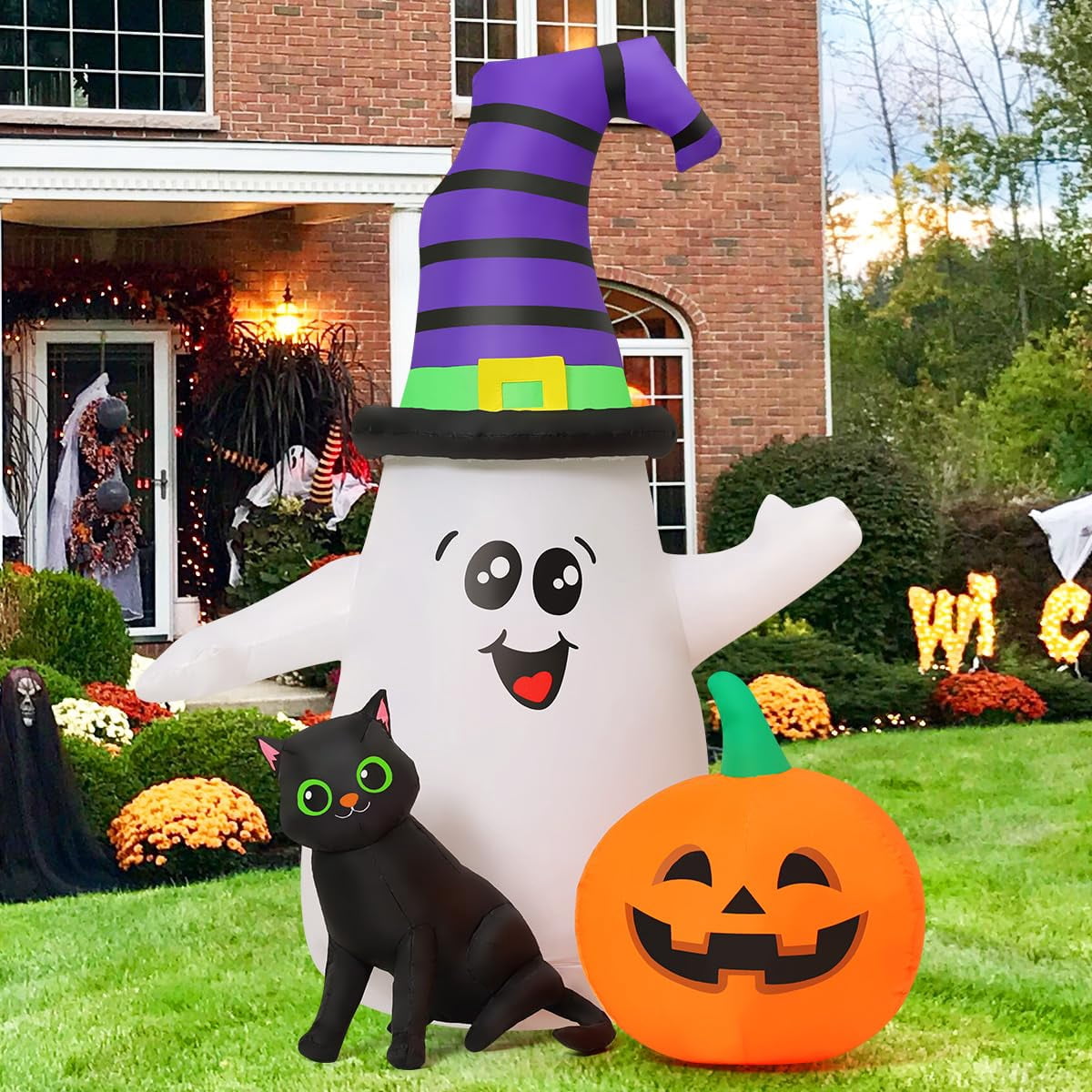 Haunt & Co Halloween Inflatables 5 FT Halloween Ghost Inflatable with LED Lights, Cute Ghost Blow Up with Wizard Hat Pumpkin Black Cat, Outdoor for Halloween Holiday Indoor Outdoor