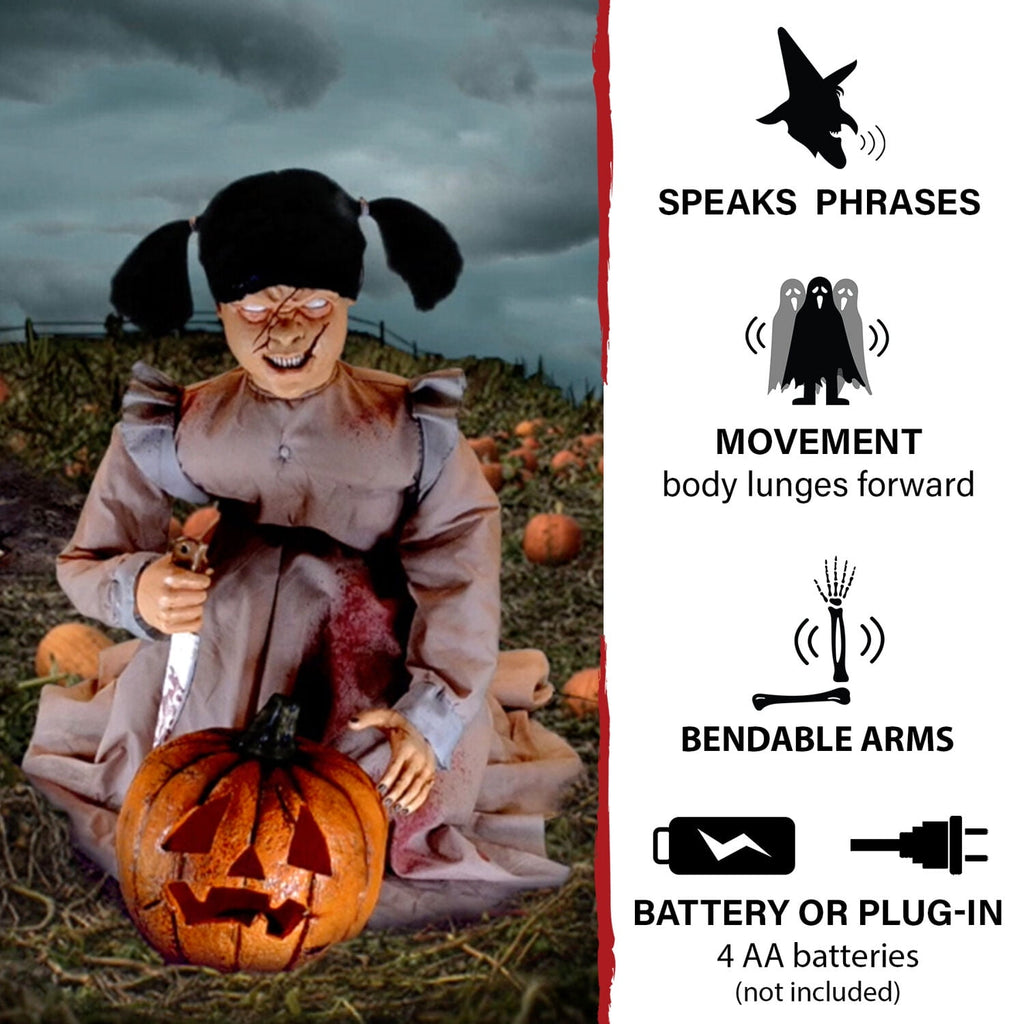Haunt & Co Lunging Pumpkin Carver Zombie Girl with Jack O'Lantern by Tekky, 3.2 ft Premium Talking Halloween Animatronic