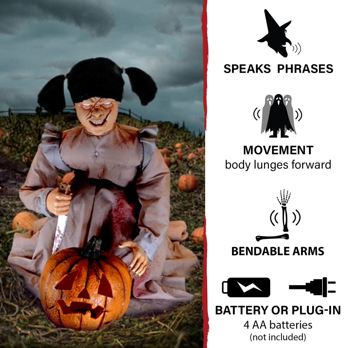 Haunt & Co Lunging Pumpkin Carver Zombie Girl with Jack O'Lantern by Tekky, 3.2 ft Premium Talking Halloween Animatronic