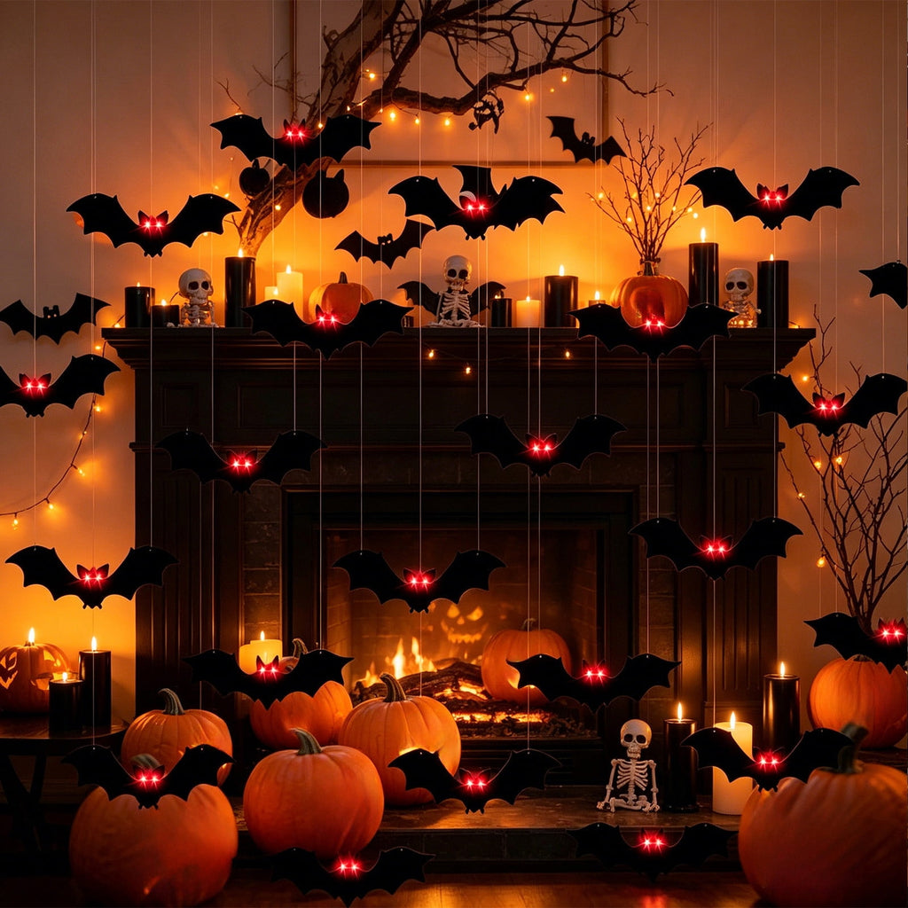 Haunt & Co Halloween Light Up Bats Decor Kit, Red Eye Bat Silhouette Hanging Ornaments With Mounting Accessories And Creepy Glow Effect, Halloween Party Decorations for Home Wall Door Window And Event Displays