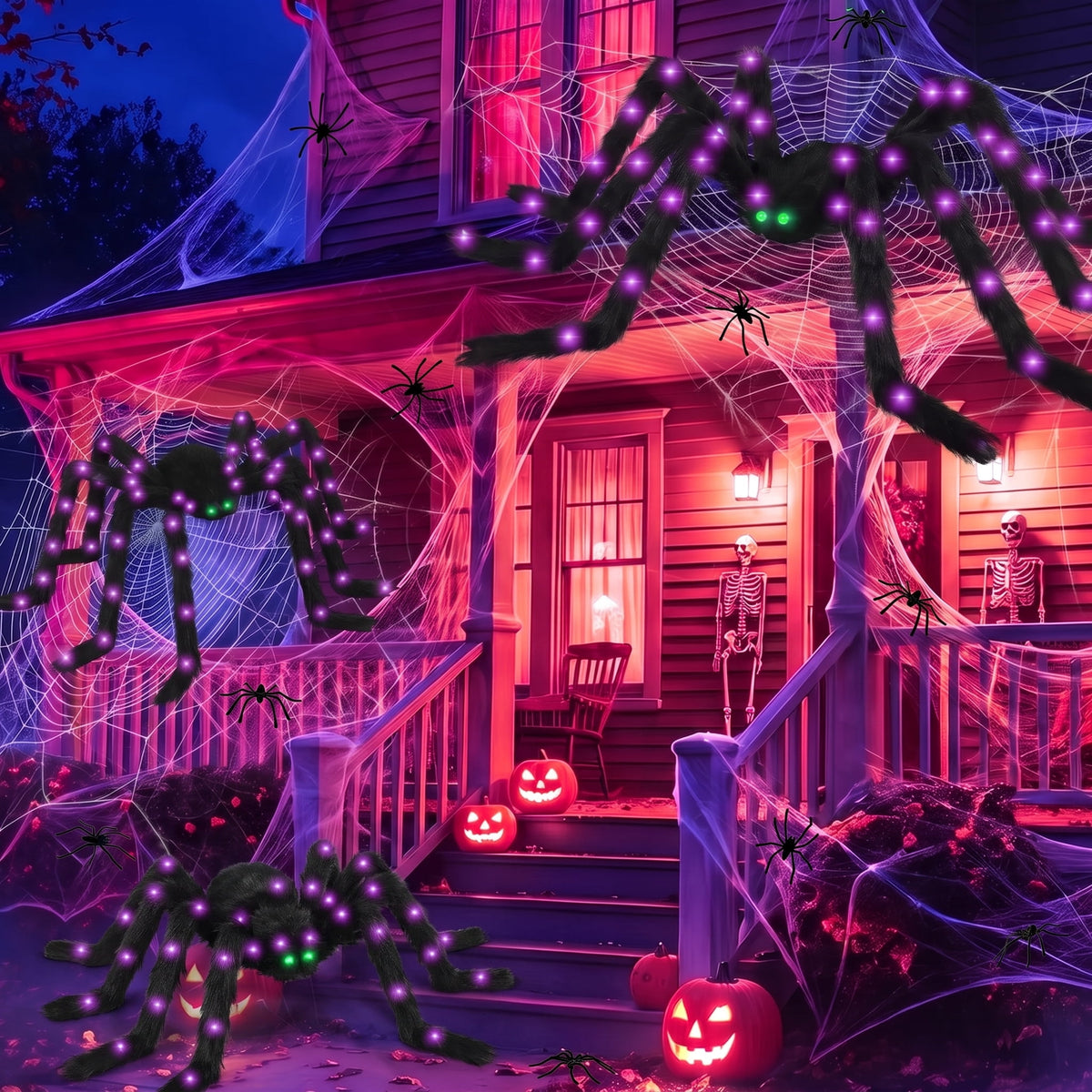 Haunt & Co Halloween Spider Decorations Set, 5FT and 2 Pack 4FT Lighted Giant Spider Decorations