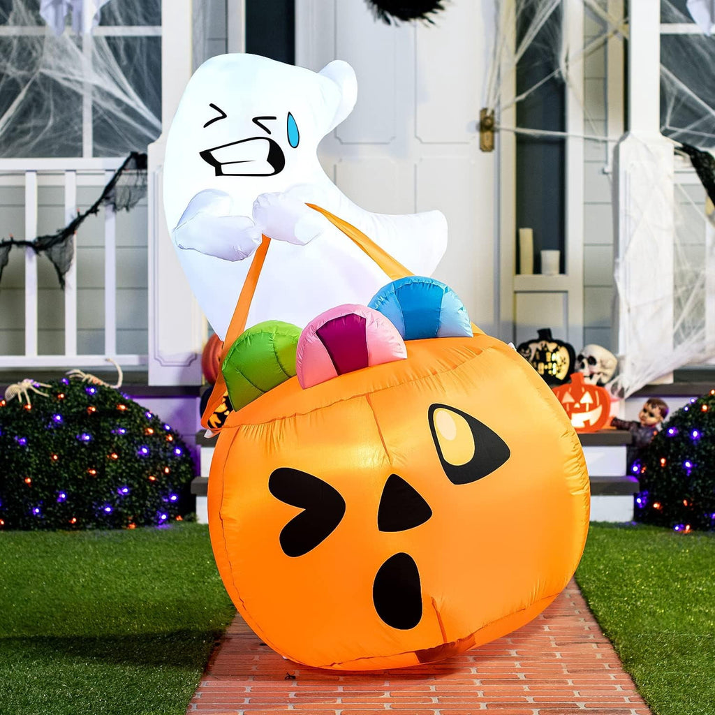 Haunt & Co 5ft Halloween Inflatables Light up Cute Ghost,Blow Up Ghost Lift Pumpkin Candy Bag with Build-in LEDs