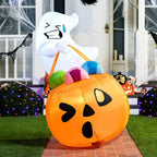 Haunt & Co 5ft Halloween Inflatables Light up Cute Ghost,Blow Up Ghost Lift Pumpkin Candy Bag with Build-in LEDs